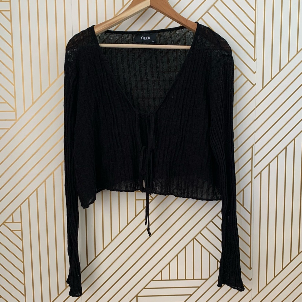 Cider ribbed striped semi sheer knit tie front cardigan Whimsigoth goth black 1X
